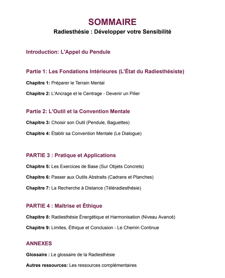 SOMMAIRE RADIESTHESIE DEVELOPPER SA SENSIBILITE