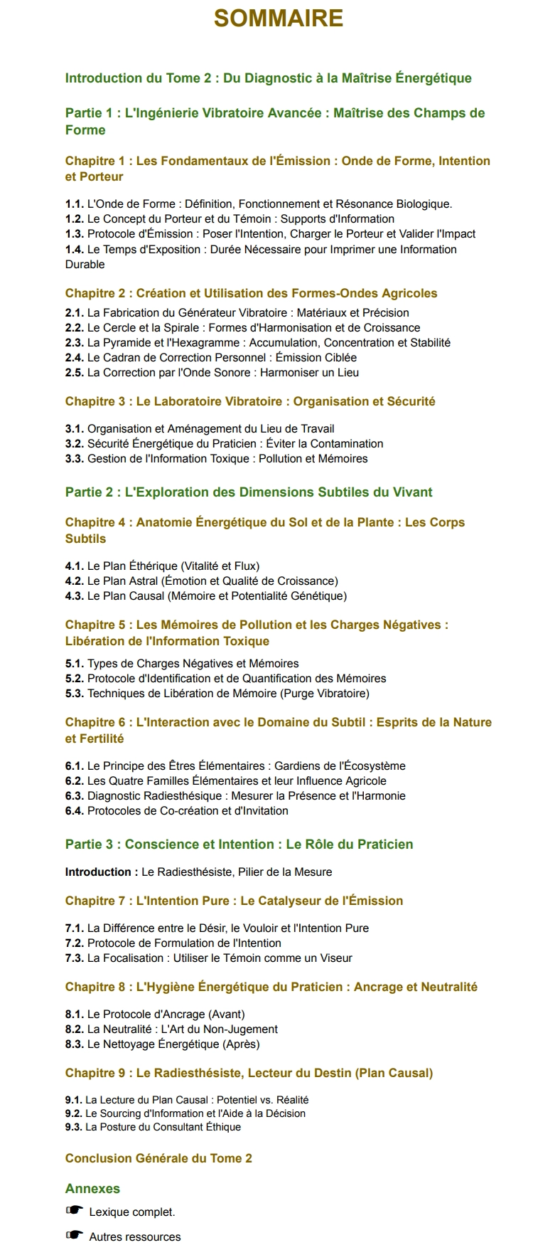 Sommaire Tome2 radiesthesie vegetaleetagricole