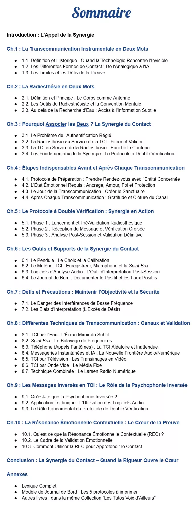 Sommaire radiesthesie et transcommunication