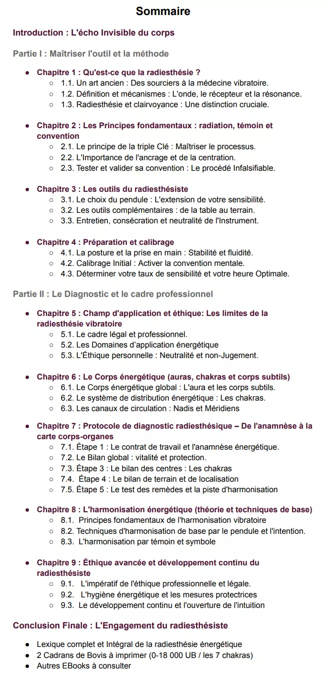 sommaire radiesthesie vibratoire
