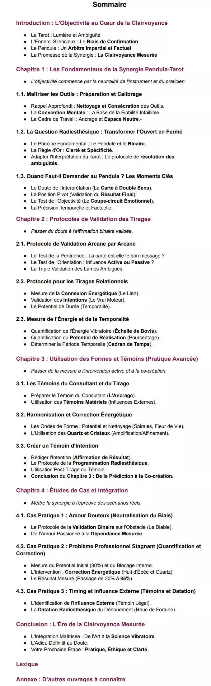 sommaire tarot et pendule